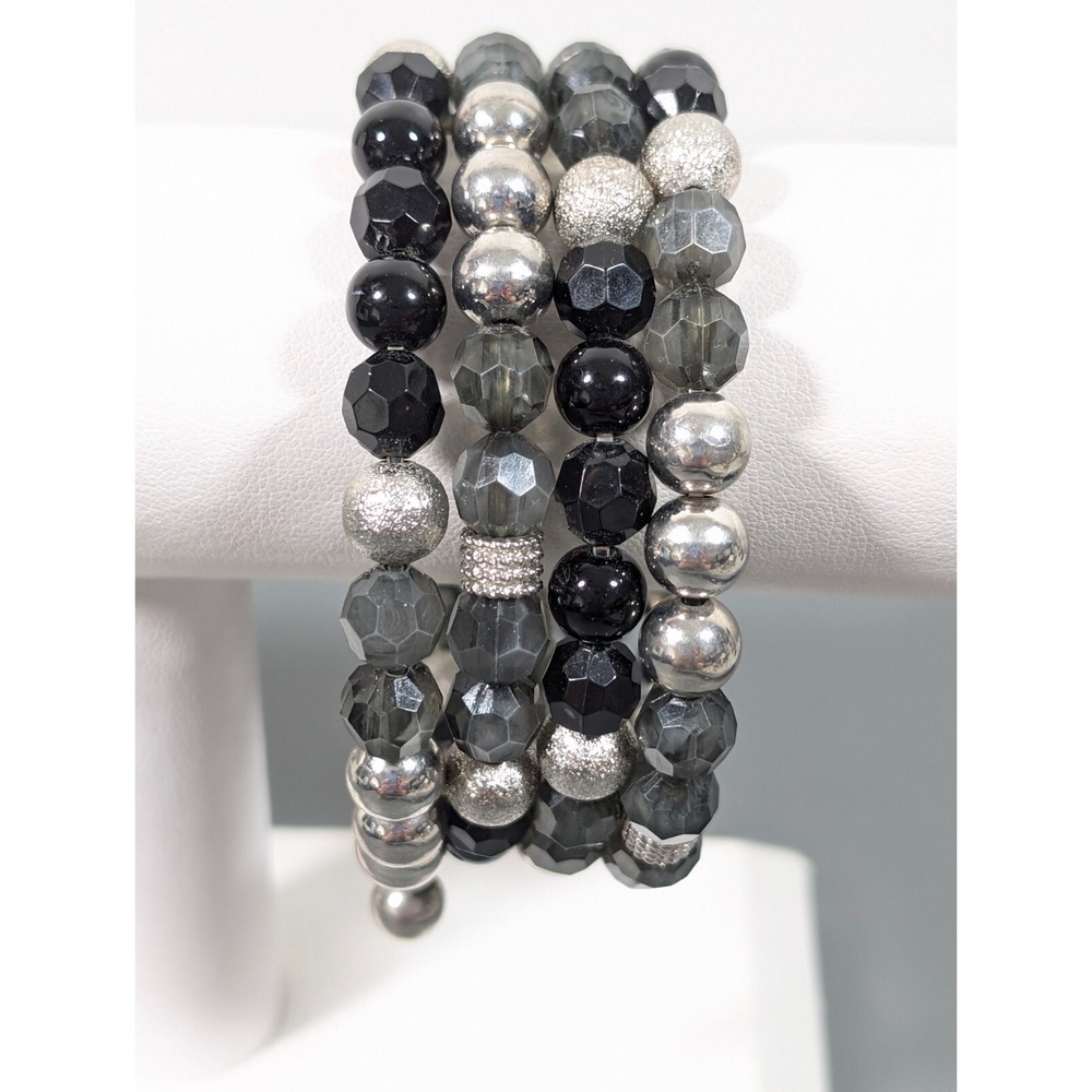 Black Gray Silver Beaded Memory Wire Wrap Bracelet Wide Goth Glam 7 in